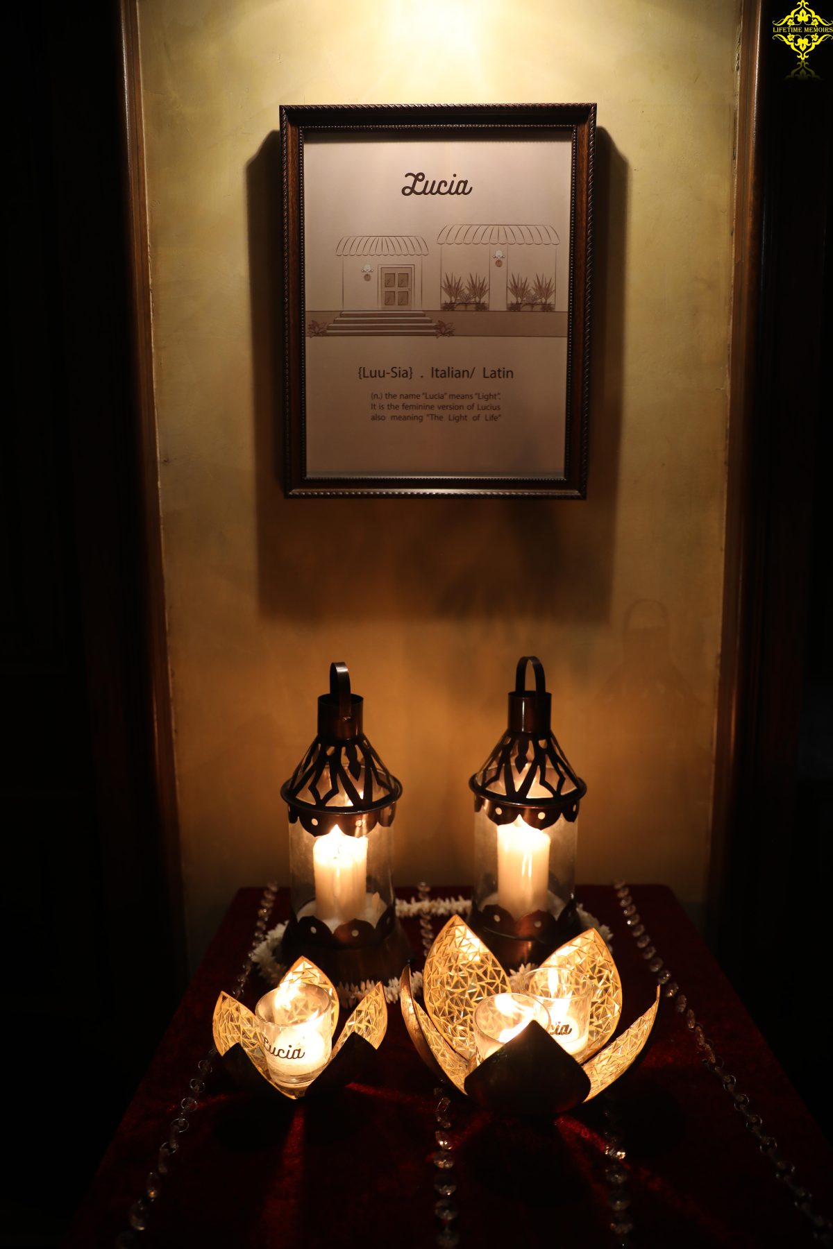 The Lucia name frame above lanterns, from Shakti: Prelude
