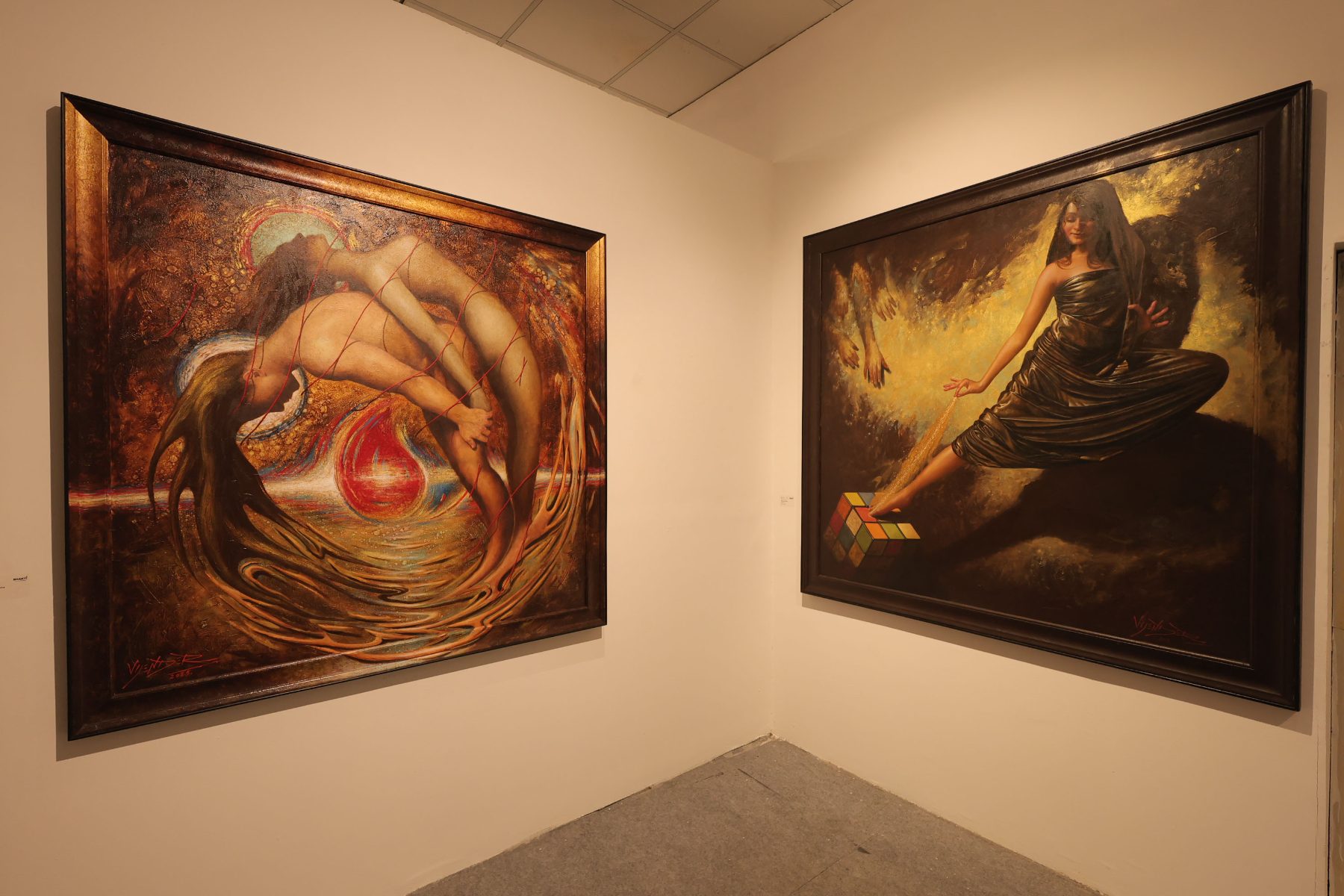 Two women in oil, one arched in gold, one veiled in shadow